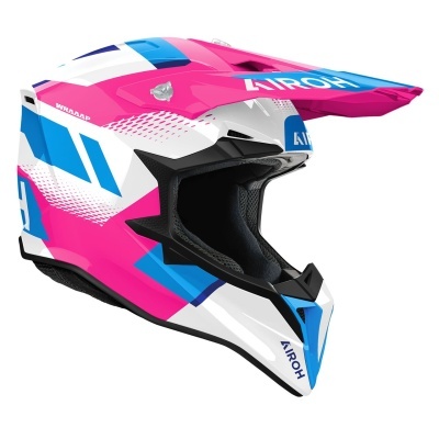 Capacete de motocross AIROH rosa, branco e azul com interior acolchoado preto