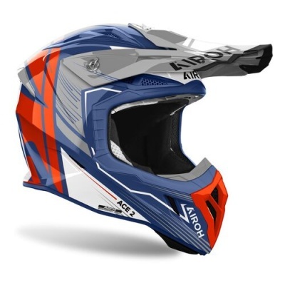 Capacete motocross Airoh ACE 2 azul, cinza, vermelho e branco com padrão gráfico