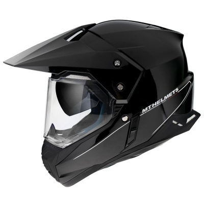 Capacete preto para motociclismo com viseira transparente e texto MTHELMETS na lateral