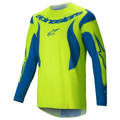 Camisola desportiva amarelo fluorescente com detalhes azuis e logotipos alpinestars.