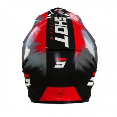 Capacete preto, vermelho e branco com texto 'SHOT RACE GEAR'