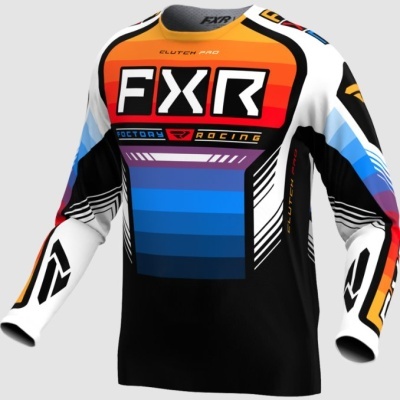 Camisola motocross FXR preta com faixas laranja, azul e branco e texto impresso