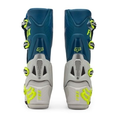 Botas de motocross Fox azul, cinza e amarelo com fivelas metálicas