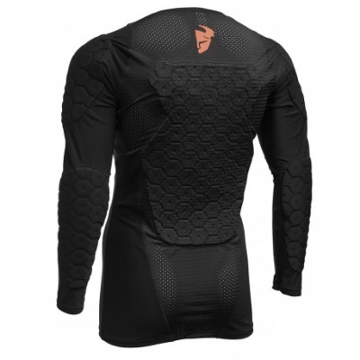 Camisola preta de mangas compridas com acolchoados em hexágonos e logótipo laranja nas costas