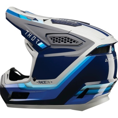 Capacete integral de motocross azul, branco e cinza com texto THOR e RACEDIV