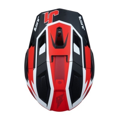 Capacete preto, vermelho e branco com textos JUST1 e número 54