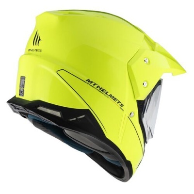 Capacete amarelo fluorescente para motocicleta com visor transparente e texto MT HELMETS