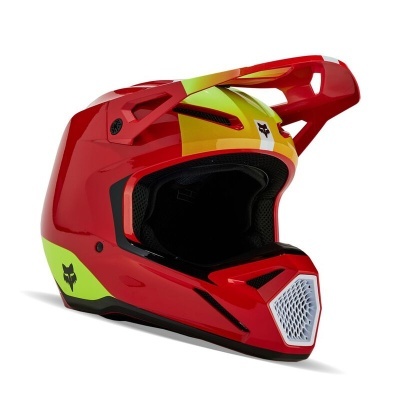 Capacete integral vermelho com detalhes amarelos e preto, viseira ajustável e logótipo de raposa.