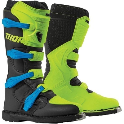 Par de botas para motocross em preto, azul e amarelo fluorescente