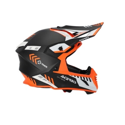Capacete integral preto, laranja e branco com texto 'X TRACK' e 'ACERBIS'.