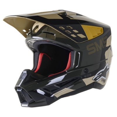Capacete integral motocross preto, bege e dourado com interior vermelho