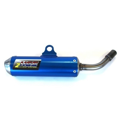 Escape de moto azul com saída de tubo metálico e etiqueta HGS EXHAUST SYSTEMS