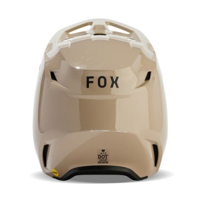 Capacete bege brilhante com texto FOX e selo DOT na parte traseira