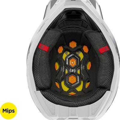 Capacete branco com interiores acolchoados pretos e amarelos, detalhes vermelhos, visto de cima