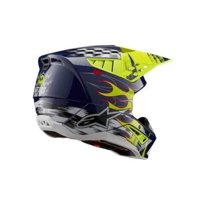 Capacete de motocross azul escuro com amarelo fluorescente e padrões variados