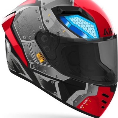 Capacete integral com design futurista vermelho, cinza e preto