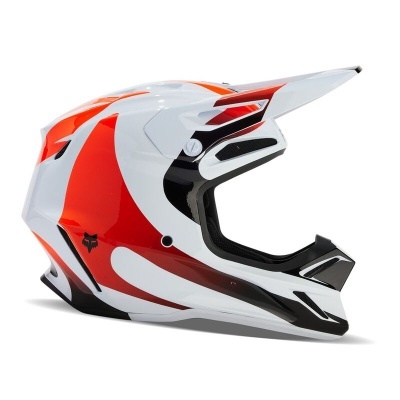 Capacete integral para motocross branco, vermelho e preto com viseira ajustável.