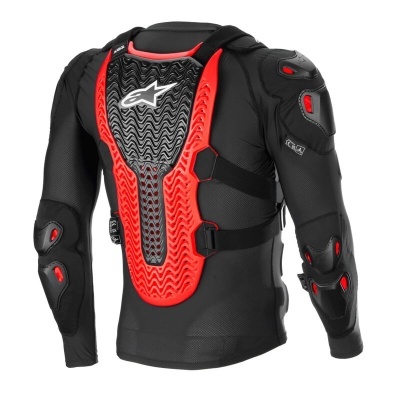 Casaco protector de motociclista preto com detalhes vermelhos e logo Alpinestars branco