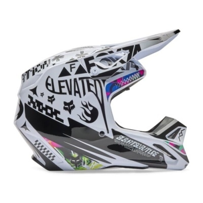 Capacete integral motocross branco com grafismos e textos