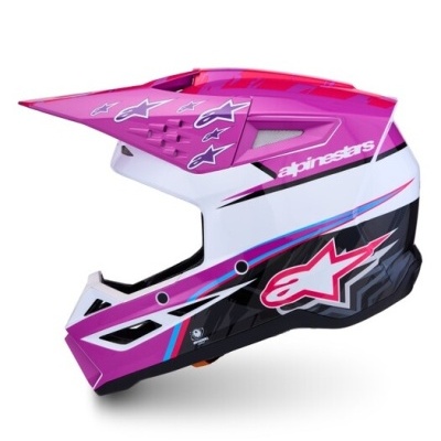 Capacete integral para motocross rosa, branco e preto com detalhes e inscrições da marca Alpinestars