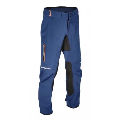 Calças azuis técnicas com reforços pretos e fechos laranja