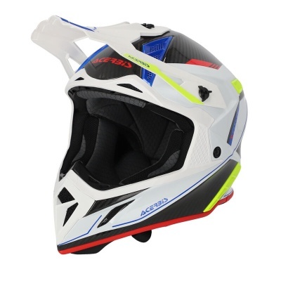 Capacete integral branco com detalhes coloridos e acolchoamento preto