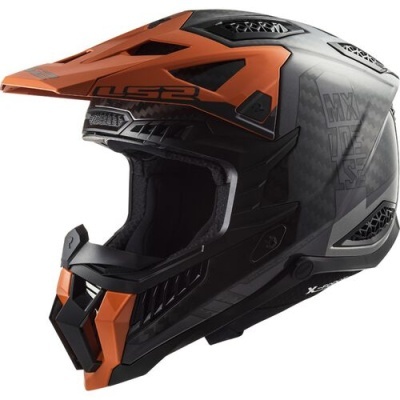 Capacete de motocross preto e laranja com detalhes em cinza