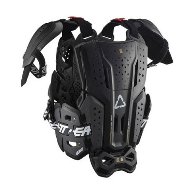 Colete de proteção preto com alças ajustáveis e detalhes brancos e vermelhos