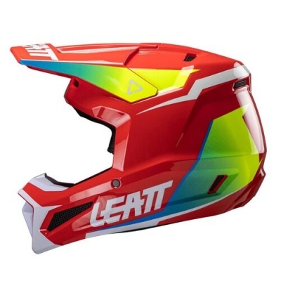 Capacete motocross integral vermelho, amarelo, verde e azul com texto LEATT e entradas de ar