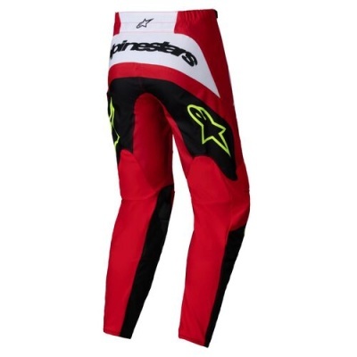 Calças de motocross vermelhas com logo Alpinestars e detalhes amarelos e pretos