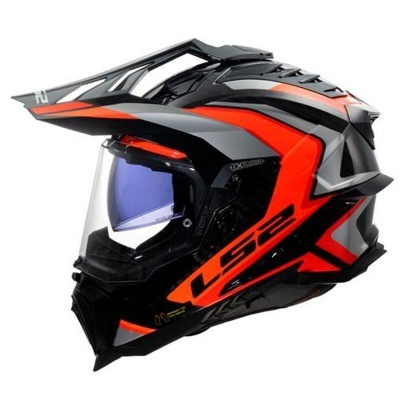 Capacete motociclismo LS2 preto, cinza e vermelho com viseira azul