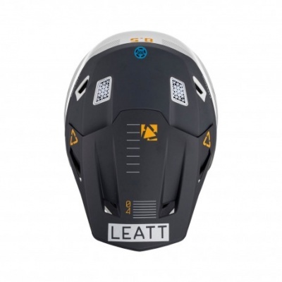 Capacete preto cinzento amarelo com texto LEATT