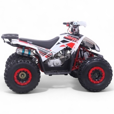 Quadriciclo ATV Roan Sport 125 branco, preto e vermelho com rodas largas e estrutura vermelha