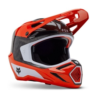 Capacete integral motocross vermelho, branco e preto da marca FOX