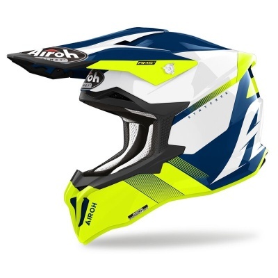 Capacete de motocross azul, branco e amarelo fluorescente Airoh