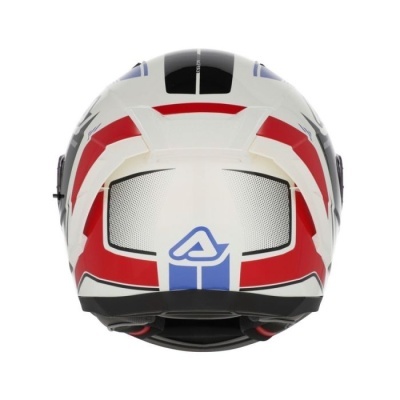 Capacete integral branco com detalhes em vermelho, azul e preto visto de trás