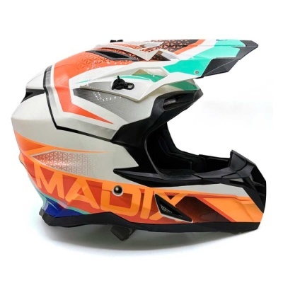 Capacete de motocross colorido laranja, branco e preto com visor protetor