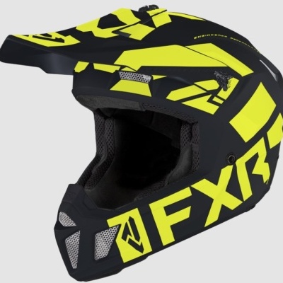 Capacete de motocross preto com gráficos amarelos e texto FXR