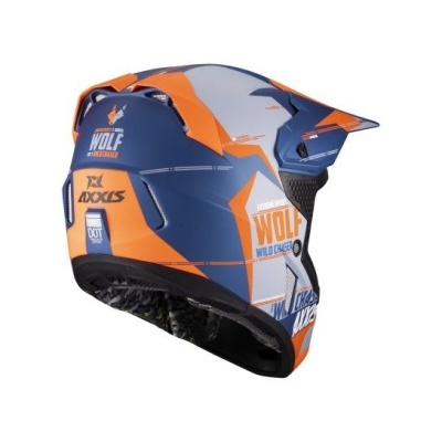 Capacete de motocross azul, laranja e branco com texto e viseira