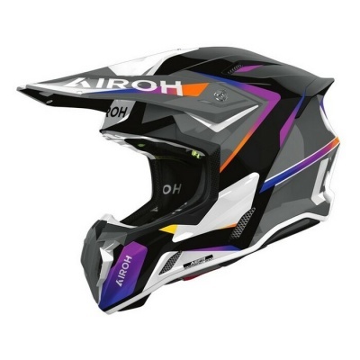 Capacete motocross AIROH preto, branco, roxo e laranja com texto AIROH