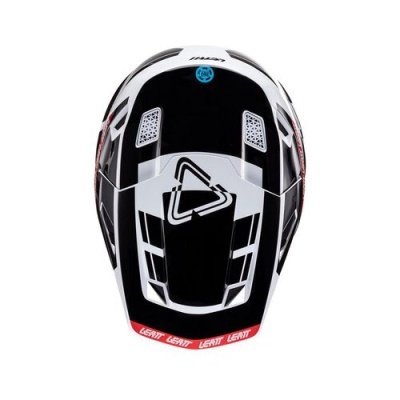Capacete preto e branco com detalhes vermelhos e logótipo triangular