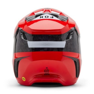 Capacete de mota vermelho com visor escuro e logotipo FOX