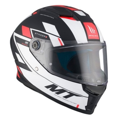 Capacete de moto integral MT Stinger preto, branco e vermelho com viseira transparente