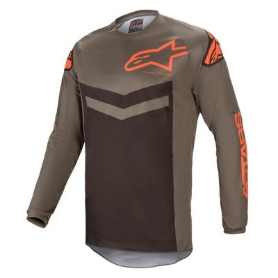 Camisola motocross castanho e laranja com logótipos e texto ALPINESTARS