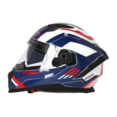 Capacete integral azul, branco e vermelho com viseira transparente