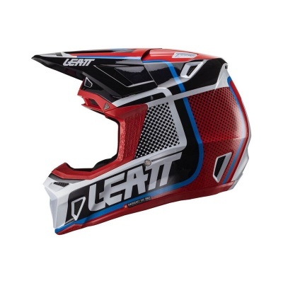 Capacete motocross Leatt vermelho, branco, preto e azul com texto