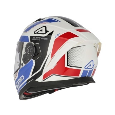 Capacete de motocicleta branco, vermelho, azul e preto com visor transparente