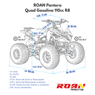 Desenho técnico de quadro ROAN Pantera com medidas e logo ROAN Racing