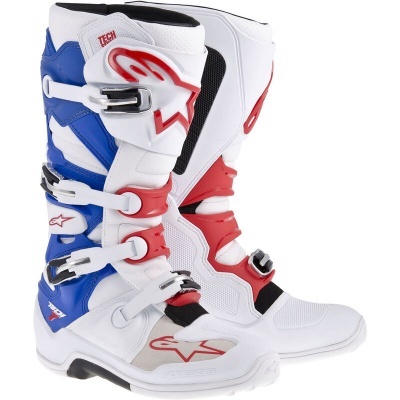 Botas motocross branco, azul e vermelho com fechos de metal e logotipos Alpinestars