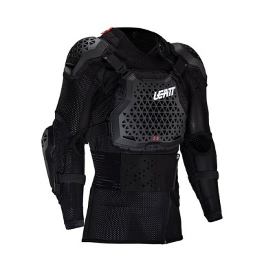 Camisola preta de proteção com placas rígidas e texto LEATT no peito